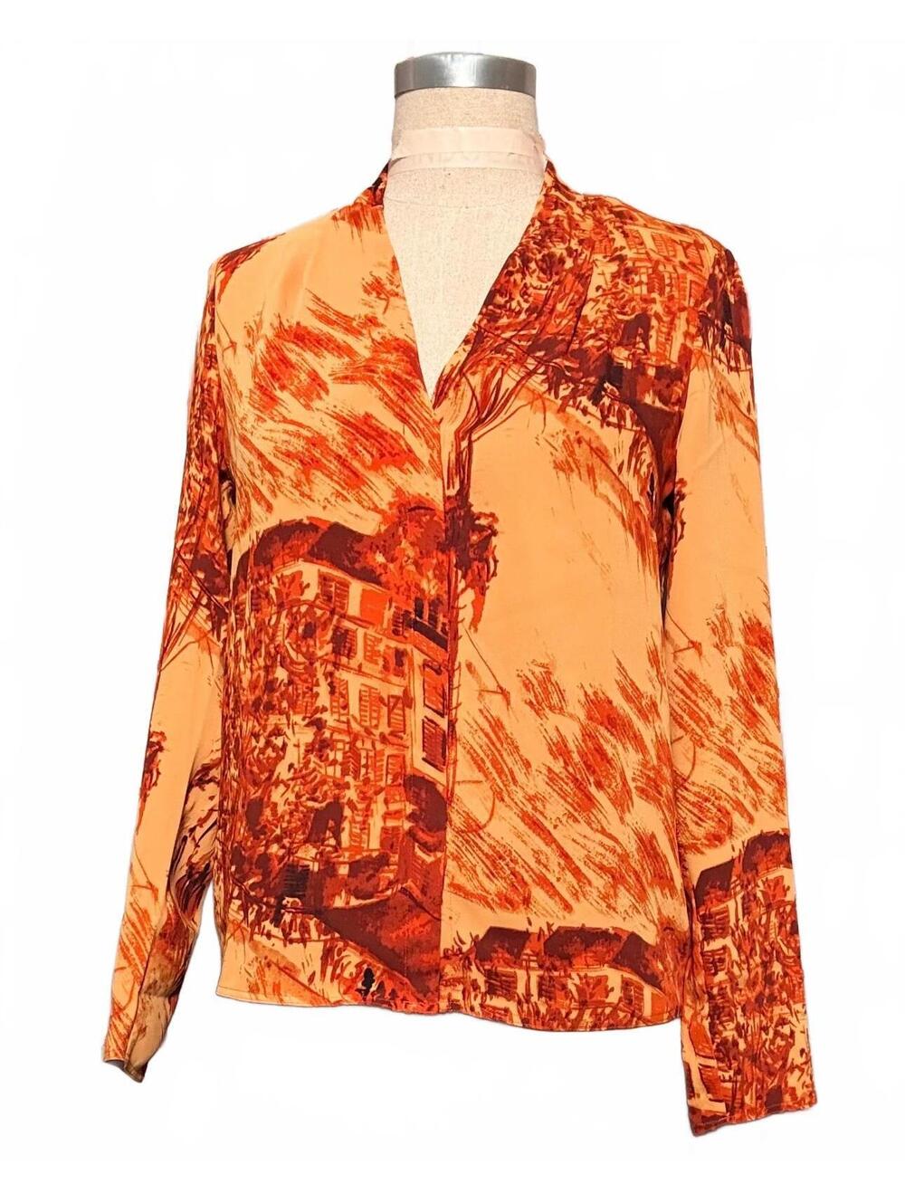 Babaton Aritzia Scenic Toile Print Blouse Size S Rust Orange Long Sleeve
